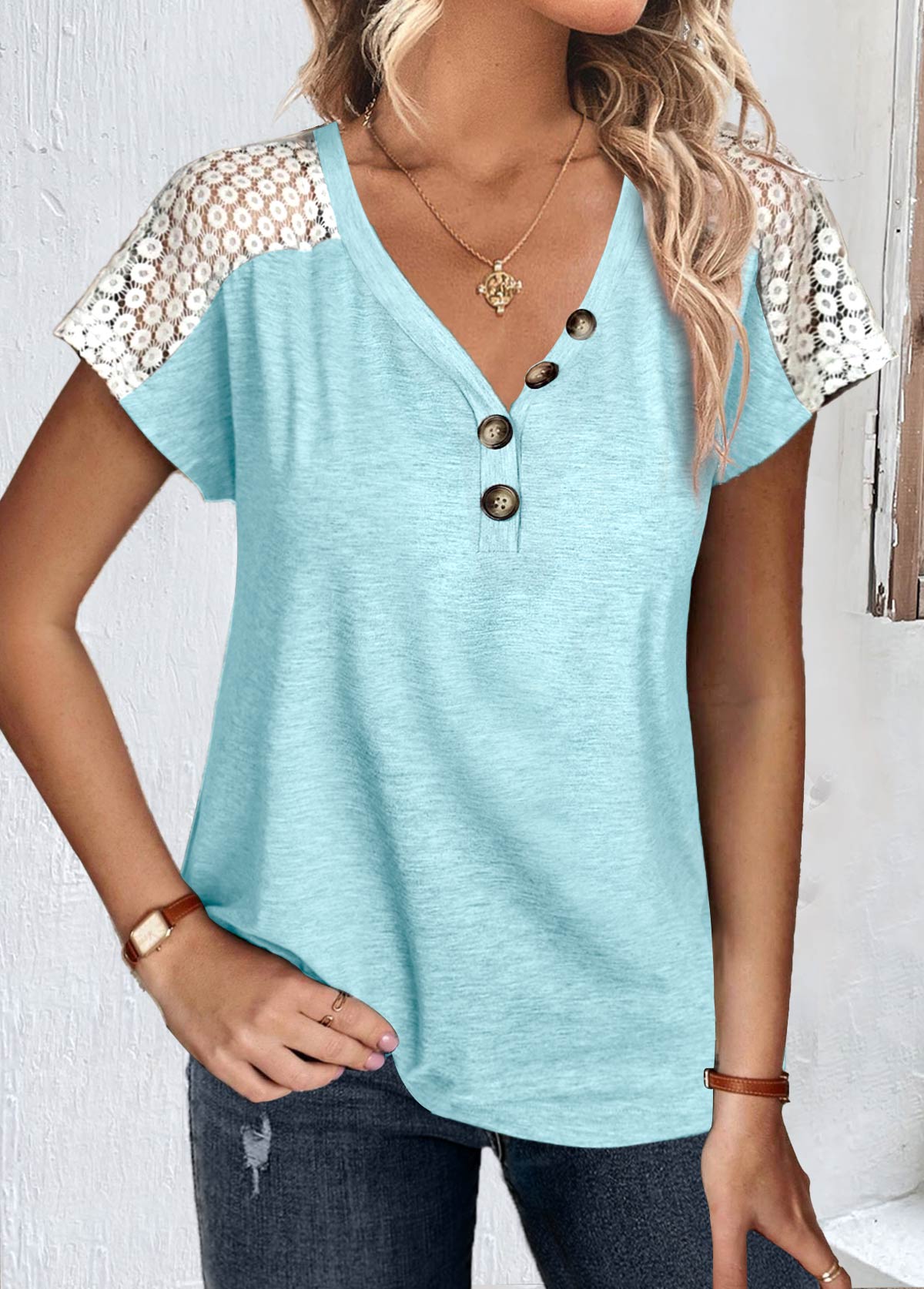 Light Blue tops,Plain Color tops,ROTITA Lace Patchwork Light Blue V Neck T Shirt