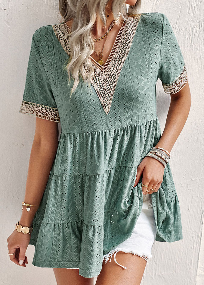 Green tops,Plain Color tops,Smocked Green V Neck Short Sleeve T Shirt