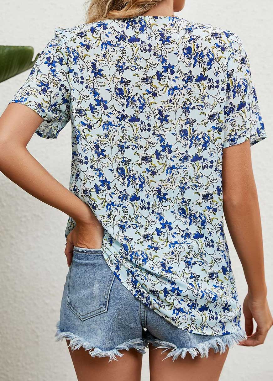 Light Blue tops,Floral tops,Plants tops,Patchwork Floral Print Light Blue V Neck Blouse