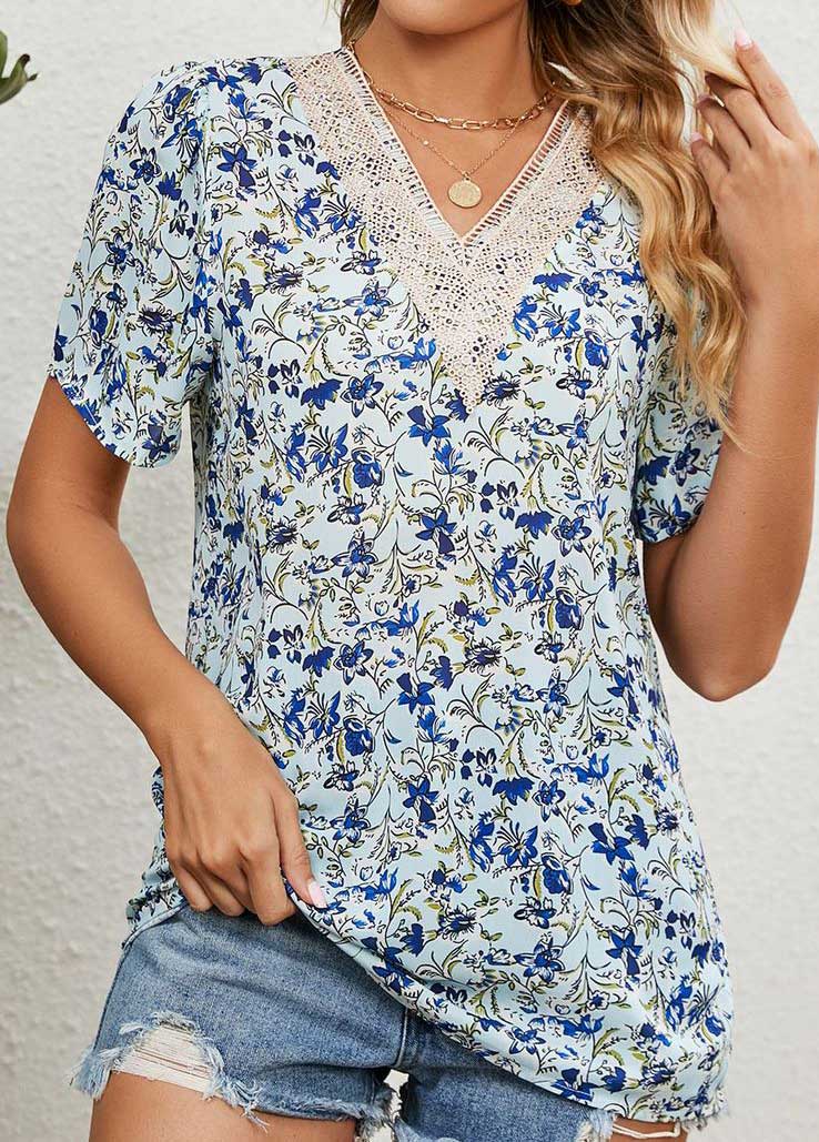 Light Blue tops,Floral tops,Plants tops,Patchwork Floral Print Light Blue V Neck Blouse