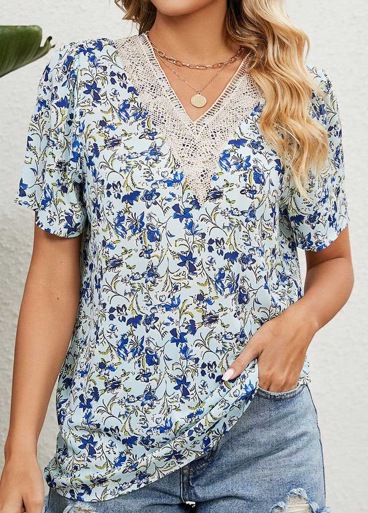 Light Blue tops,Floral tops,Plants tops,Patchwork Floral Print Light Blue V Neck Blouse