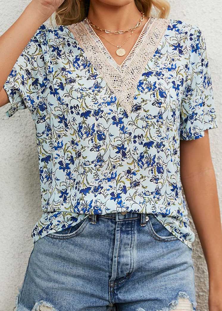 Light Blue tops,Floral tops,Plants tops,Patchwork Floral Print Light Blue V Neck Blouse
