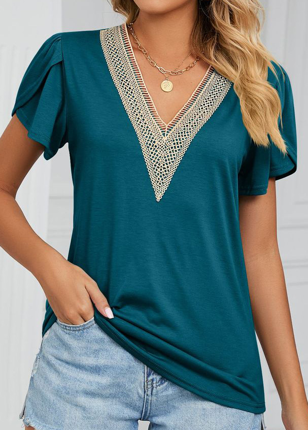 Blackish Green tops,Contrast Color tops,Patchwork Blackish Green V Neck T Shirt