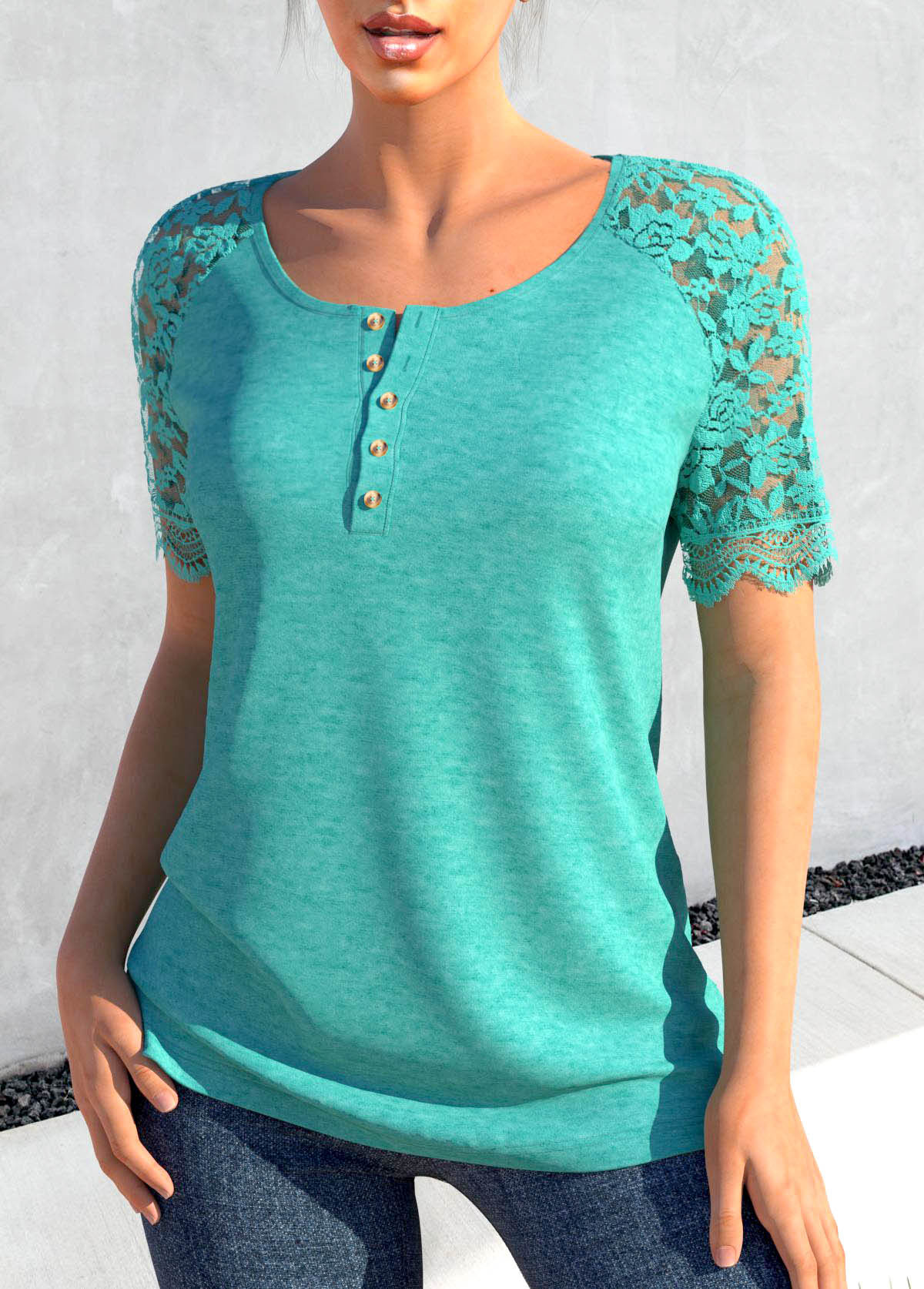 Turquoise tops,Plain Color tops,ROTITA Lace Button Turquoise Round Neck T Shirt