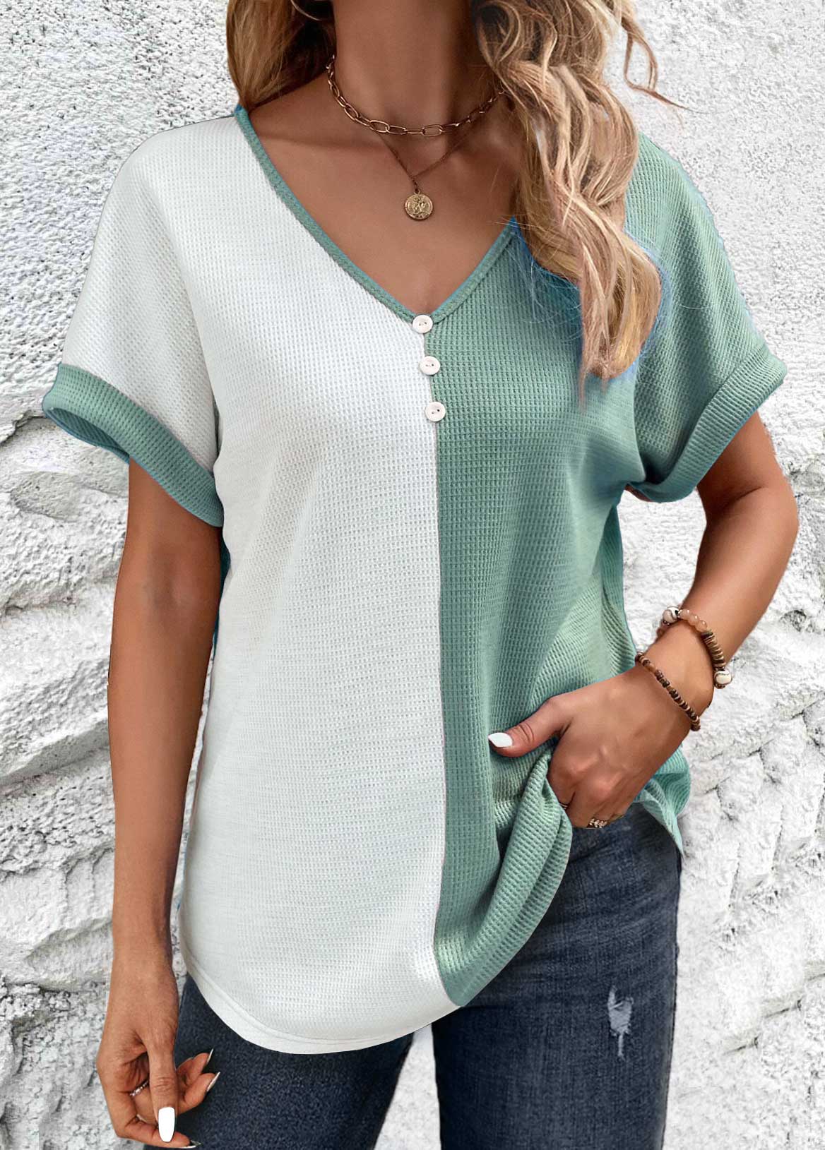 Sage Green tops,White tops,Contrast Color tops,ROTITA Patchwork Sage Green V Neck T Shirt