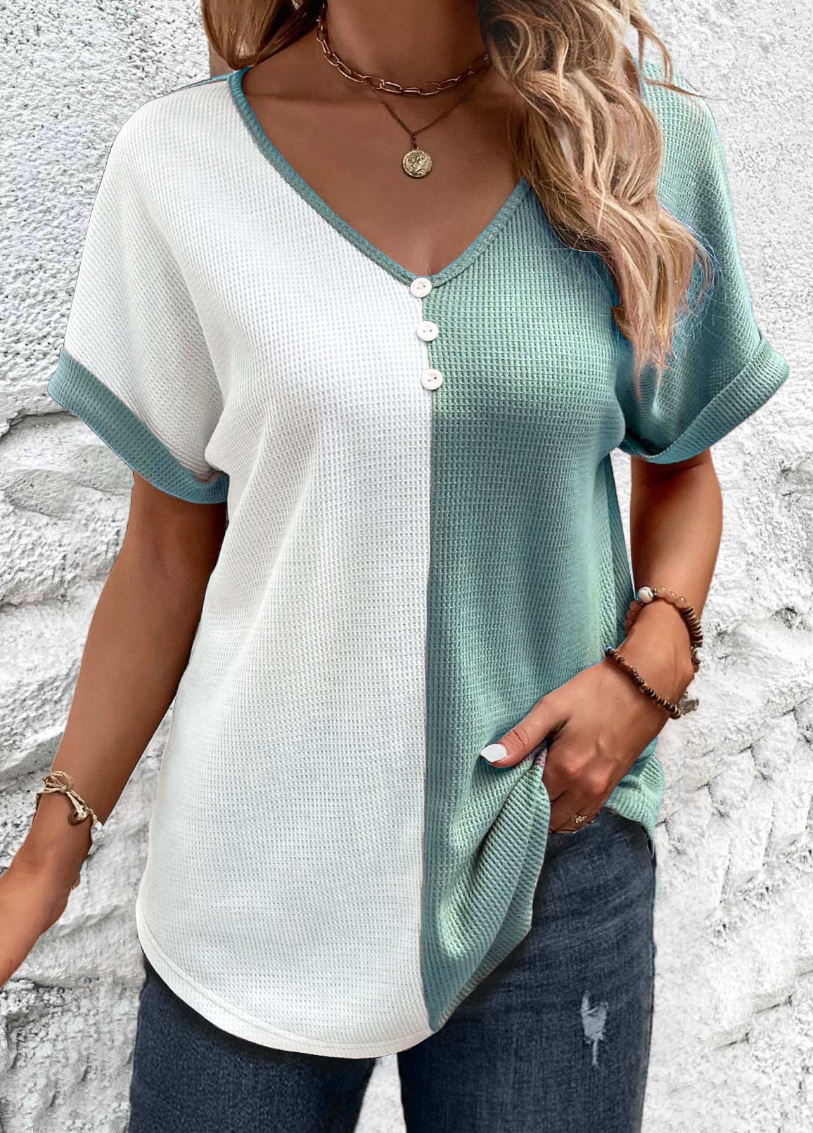 Sage Green tops,White tops,Contrast Color tops,ROTITA Patchwork Sage Green V Neck T Shirt