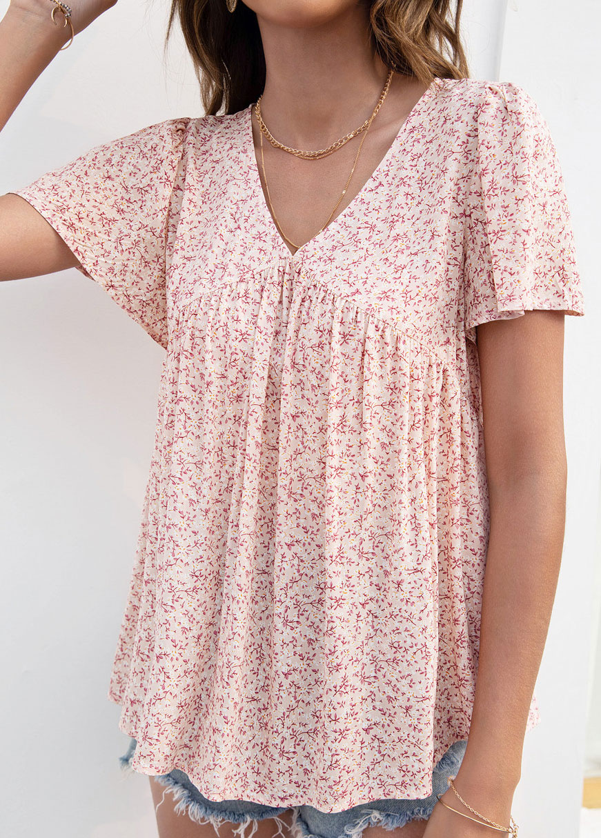 Pink tops,Ditsy Floral tops,Smocked Ditsy Floral Print Pink V Neck Blouse