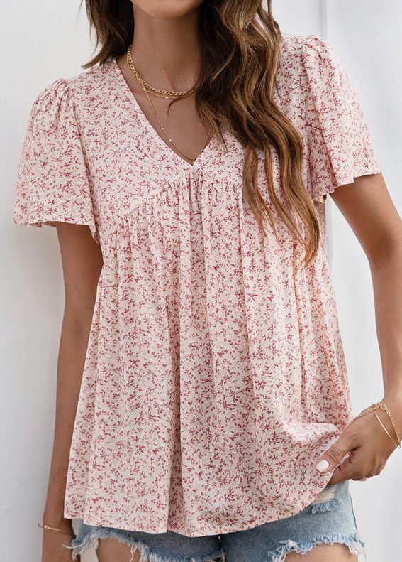Pink tops,Ditsy Floral tops,Smocked Ditsy Floral Print Pink V Neck Blouse