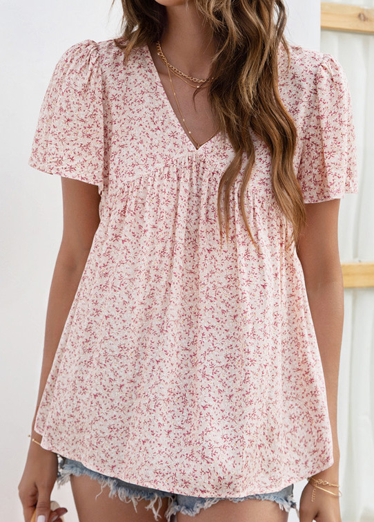 Pink tops,Ditsy Floral tops,Smocked Ditsy Floral Print Pink V Neck Blouse