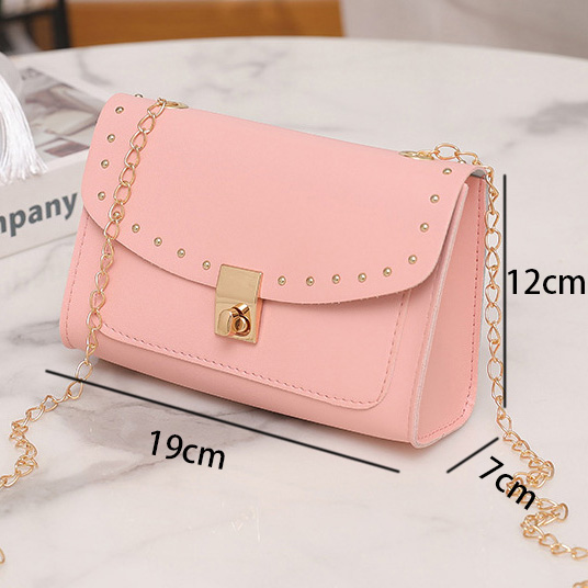 Pink accessories,Plain Color accessories,Pink Chains Rivet Turnlock Shoulder Bag