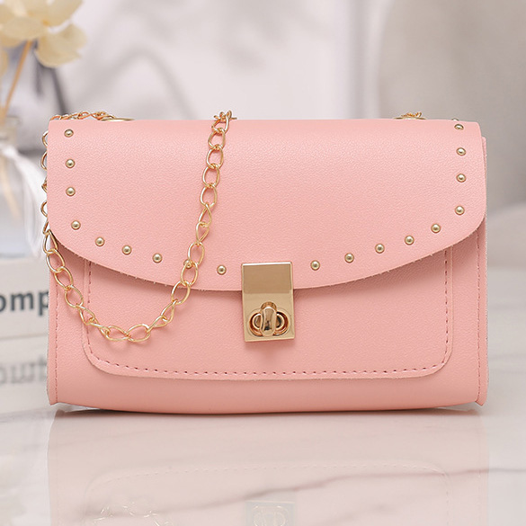Pink accessories,Plain Color accessories,Pink Chains Rivet Turnlock Shoulder Bag