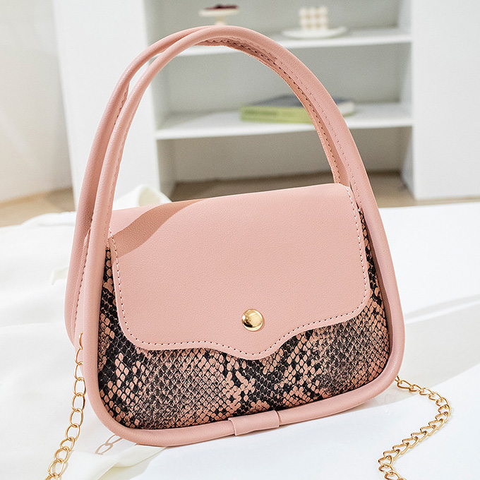 Snakeskin Print Pink Chains Magnetic Shoulder Bag