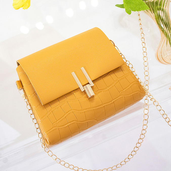 Yellow accessories,Plain Color accessories,Yellow PU Material Chains Pushlock Shoulder Bag