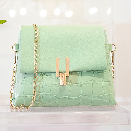 Mint Green PU Material Chains Pushlock Shoulder Bag