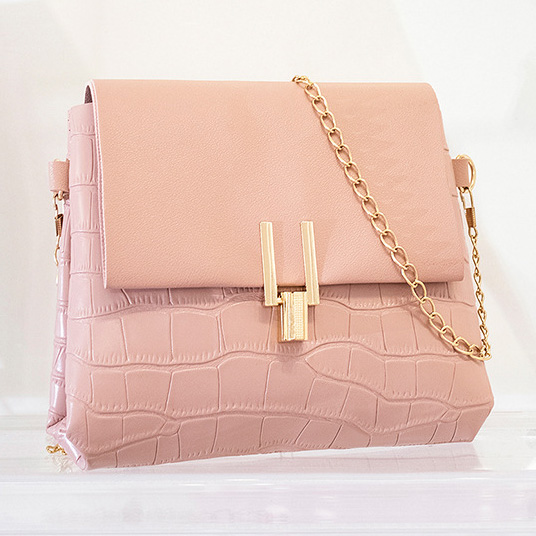Pink accessories,Plain Color accessories,Pink Chains PU Material Pushlock Shoulder Bag