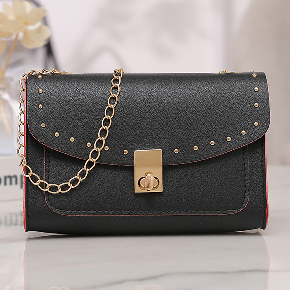 Black accessories,Plain Color accessories,Black Chains Rivet Turnlock Shoulder Bag