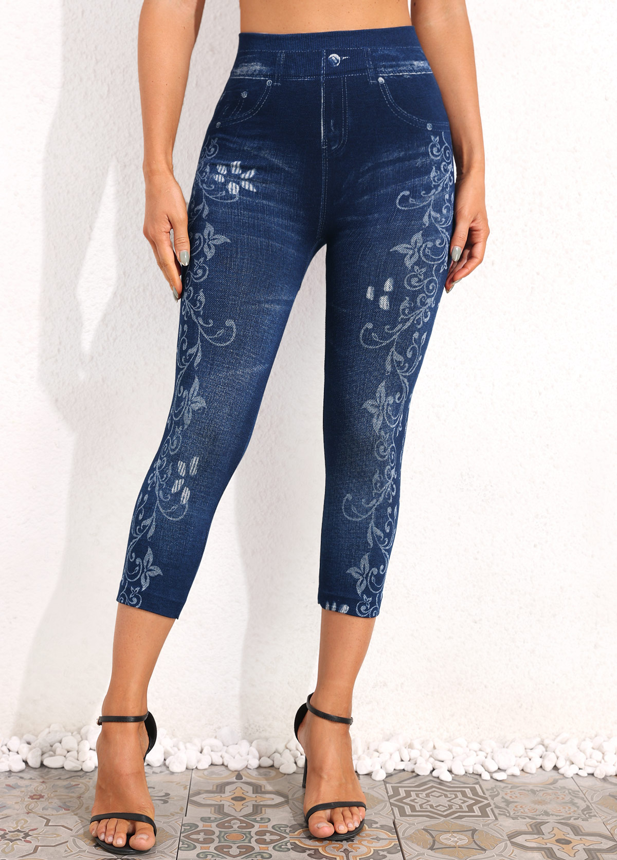 Legging taille haute bleu denim imprimé fleuri