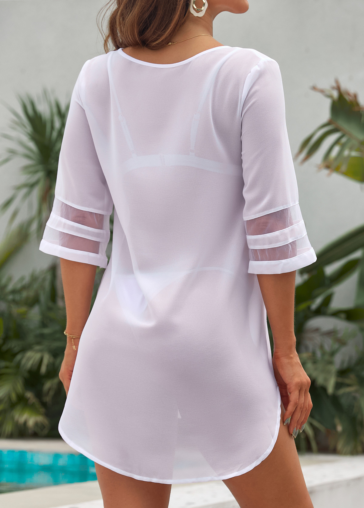 White swimwear,Plain Color swimwear,Button Mesh Stitching White Cover Up