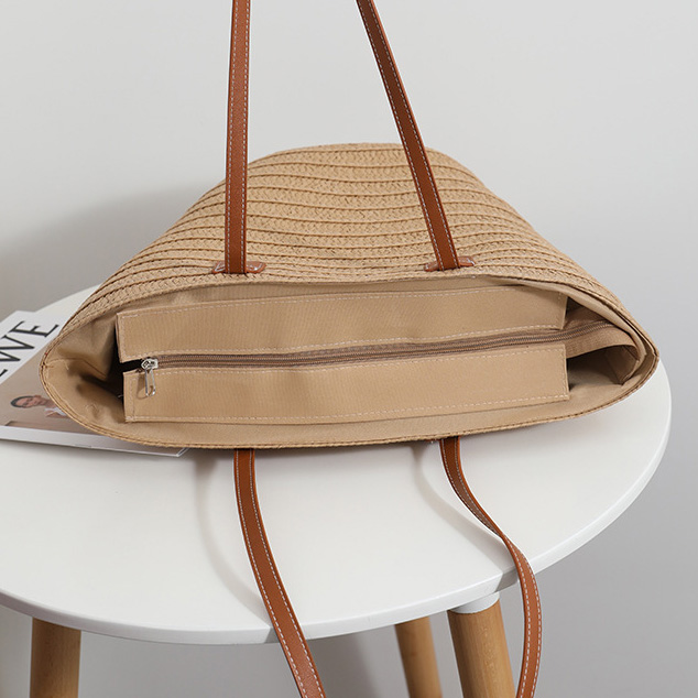 Light Camel accessories,Plain Color accessories,Light Camel Straw Zip Shoulder Bag