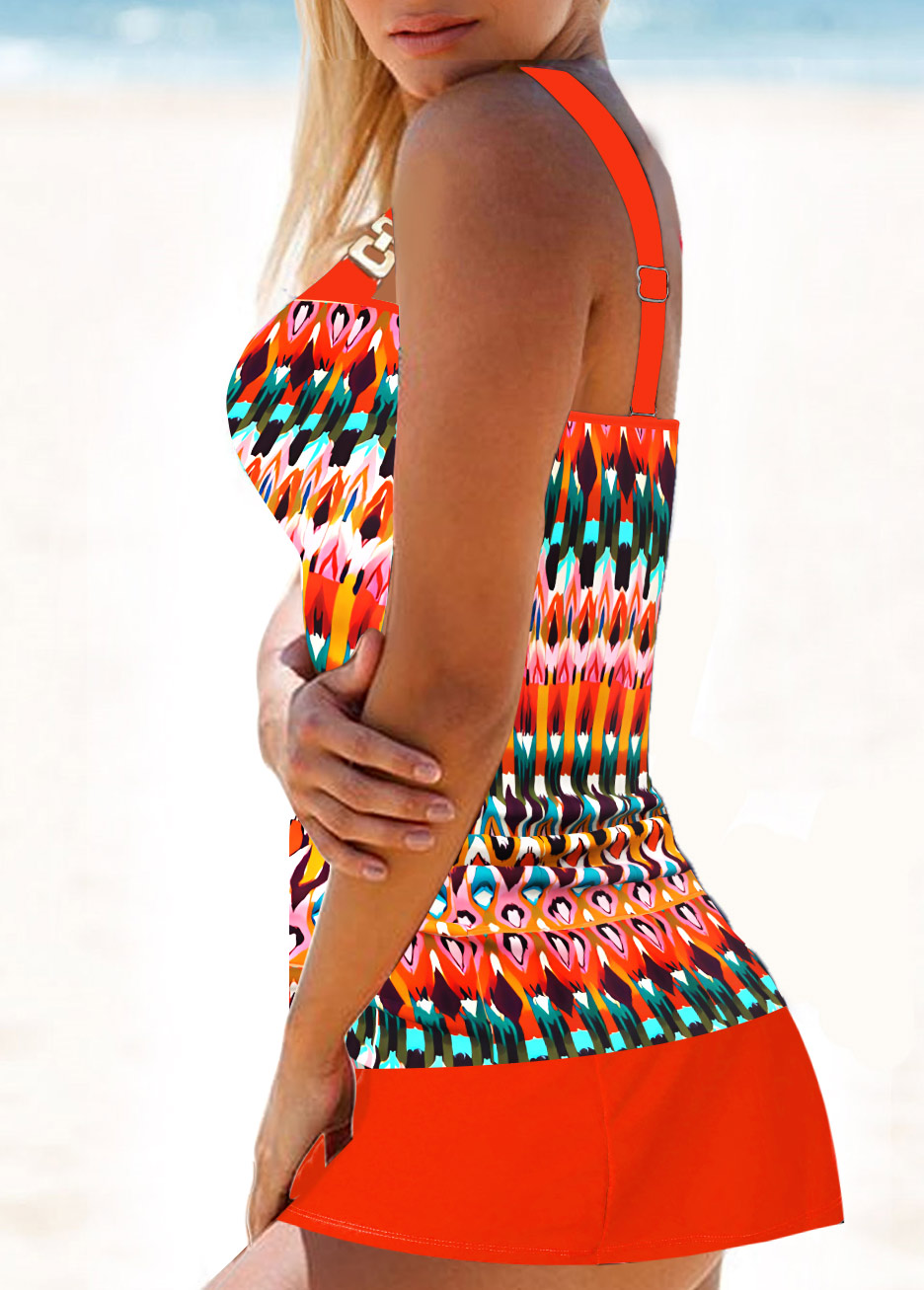 Orange swimwear,Tribal swimwear,ROTITA Patchwork Orange Tribal Print Mid Waisted Tankini Set