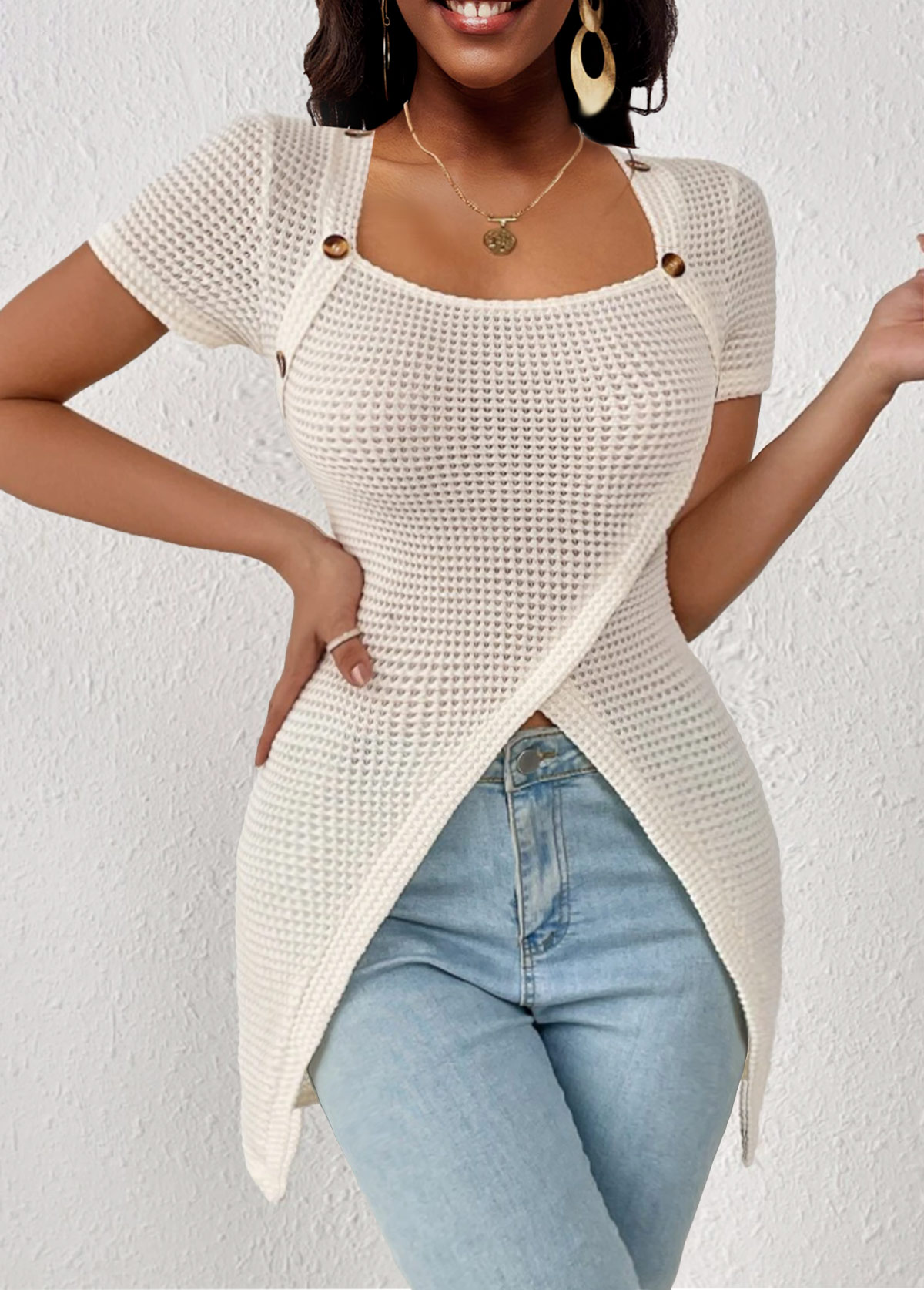 Beige tops,Plain Color tops,ROTITA Button Beige Square Neck Short Sleeve T Shirt