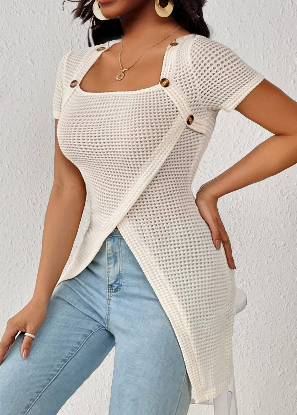 Beige tops,Plain Color tops,ROTITA Button Beige Square Neck Short Sleeve T Shirt