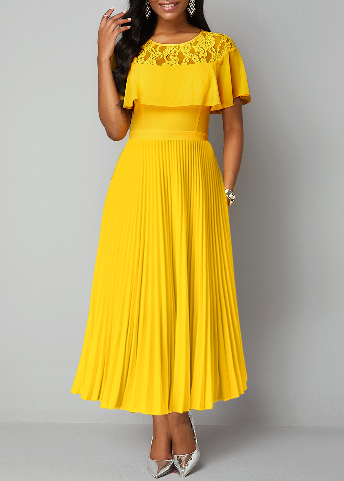 Yellow plus size,Plain Color plus size,ROTITA Plus Size Lace Yellow Maxi Round Neck Dress