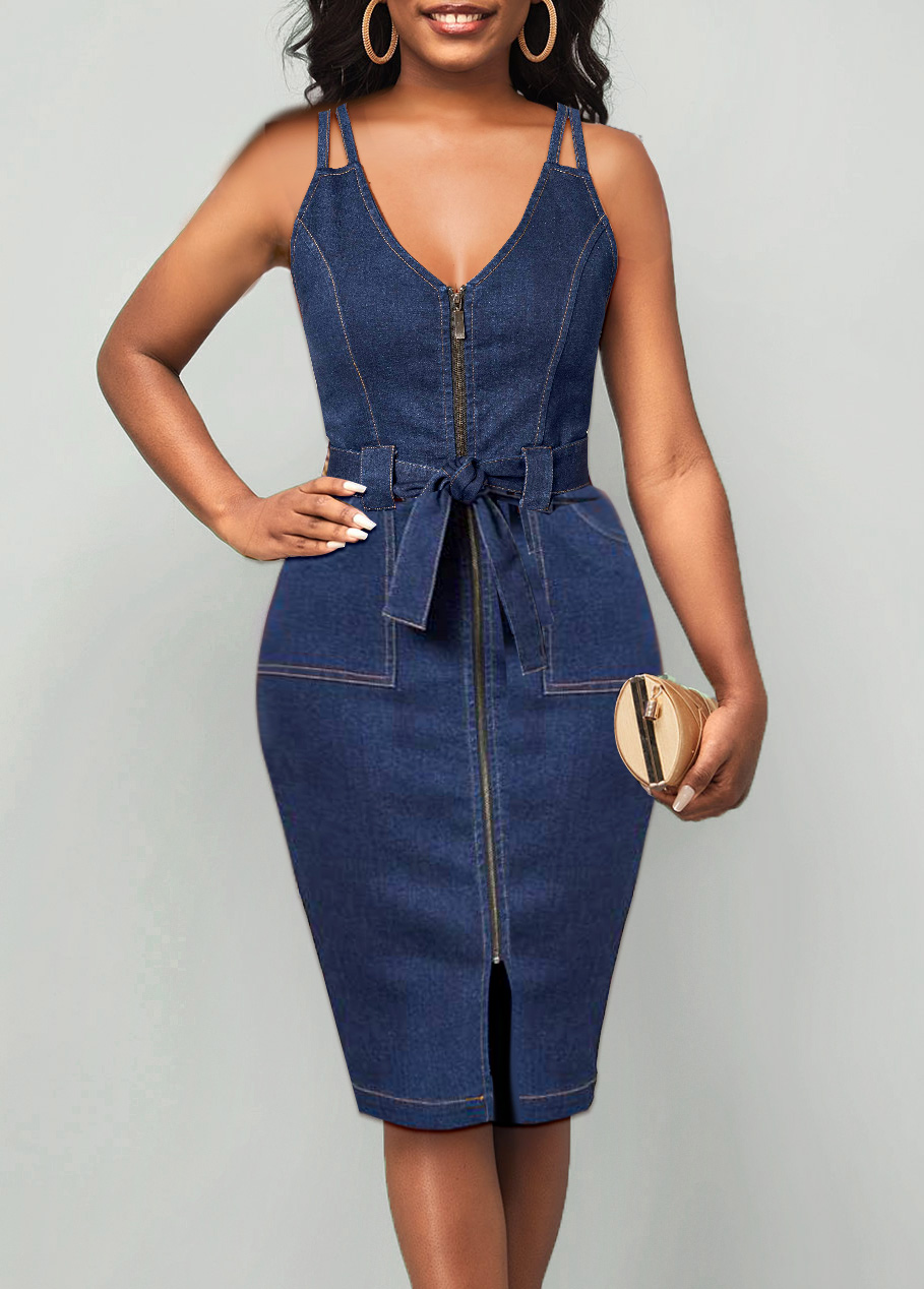 ROTITA Plus Size Zipper Denim Blue Belted Bodycon Dress