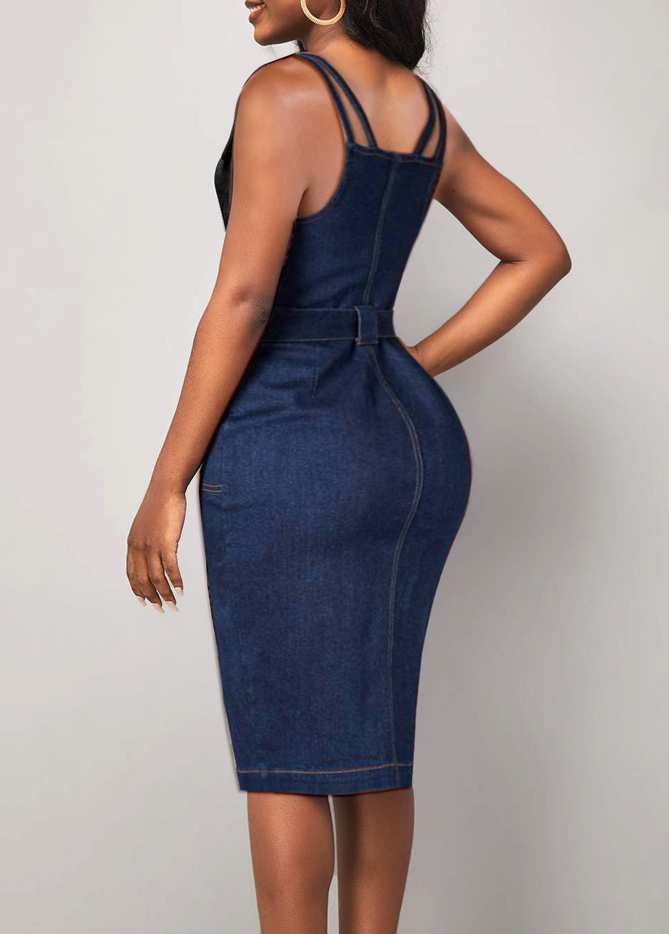 Denim Blue plus size,Plain Color plus size,ROTITA Plus Size Zipper Denim Blue Belted Bodycon Dress
