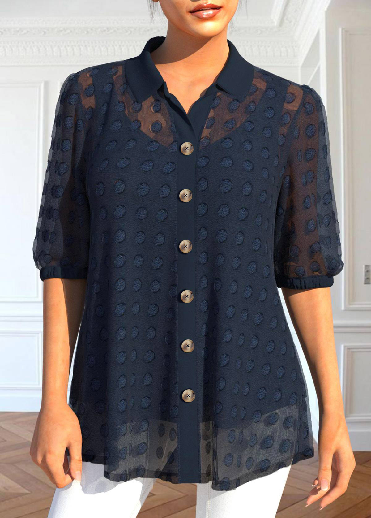 Navy plus size,Plain Color plus size,ROTITA Plus Size Button Navy Shirt Collar Blouse