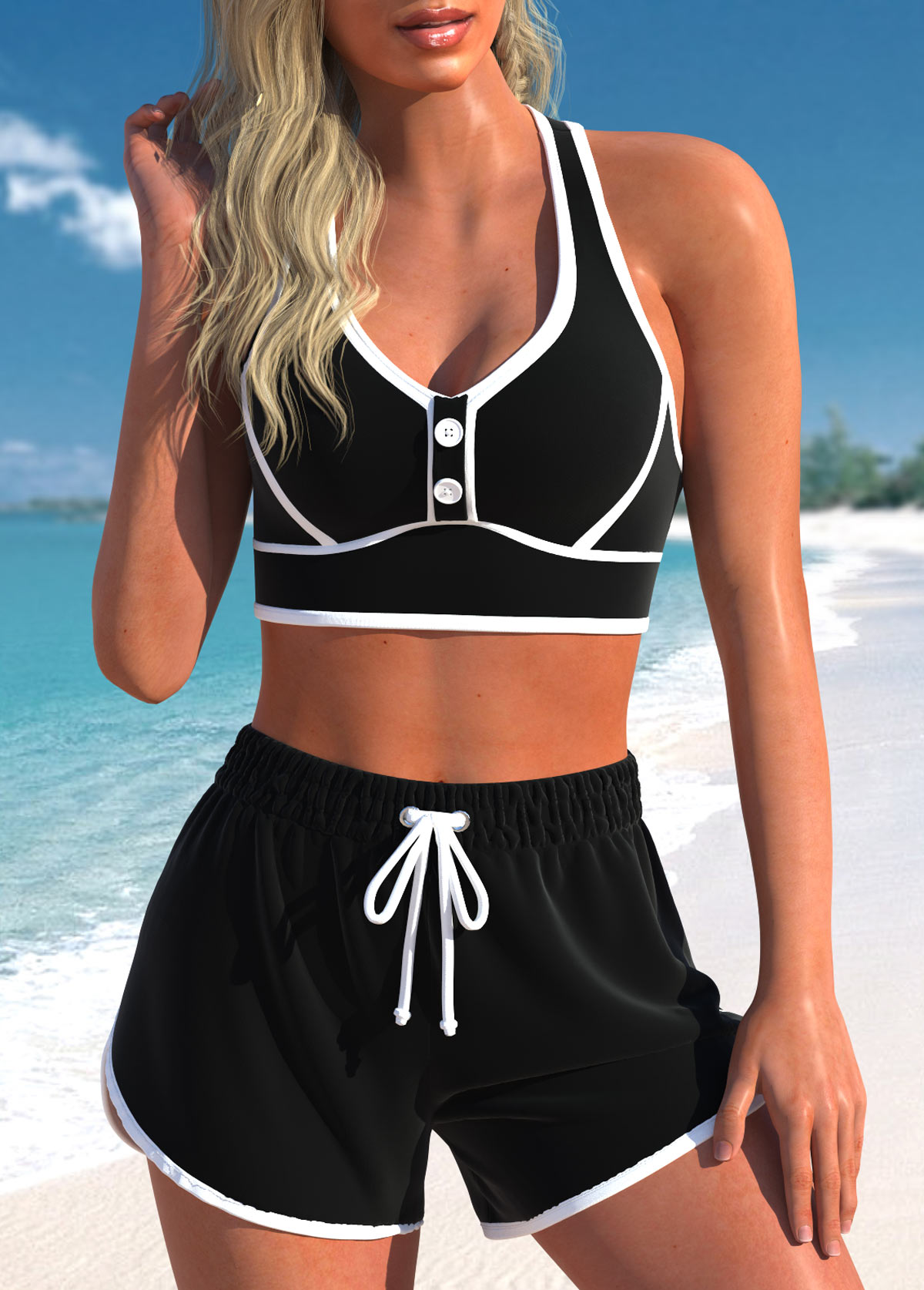 ROTITA Plus Size Black High Waisted Criss Cross Bikini Set