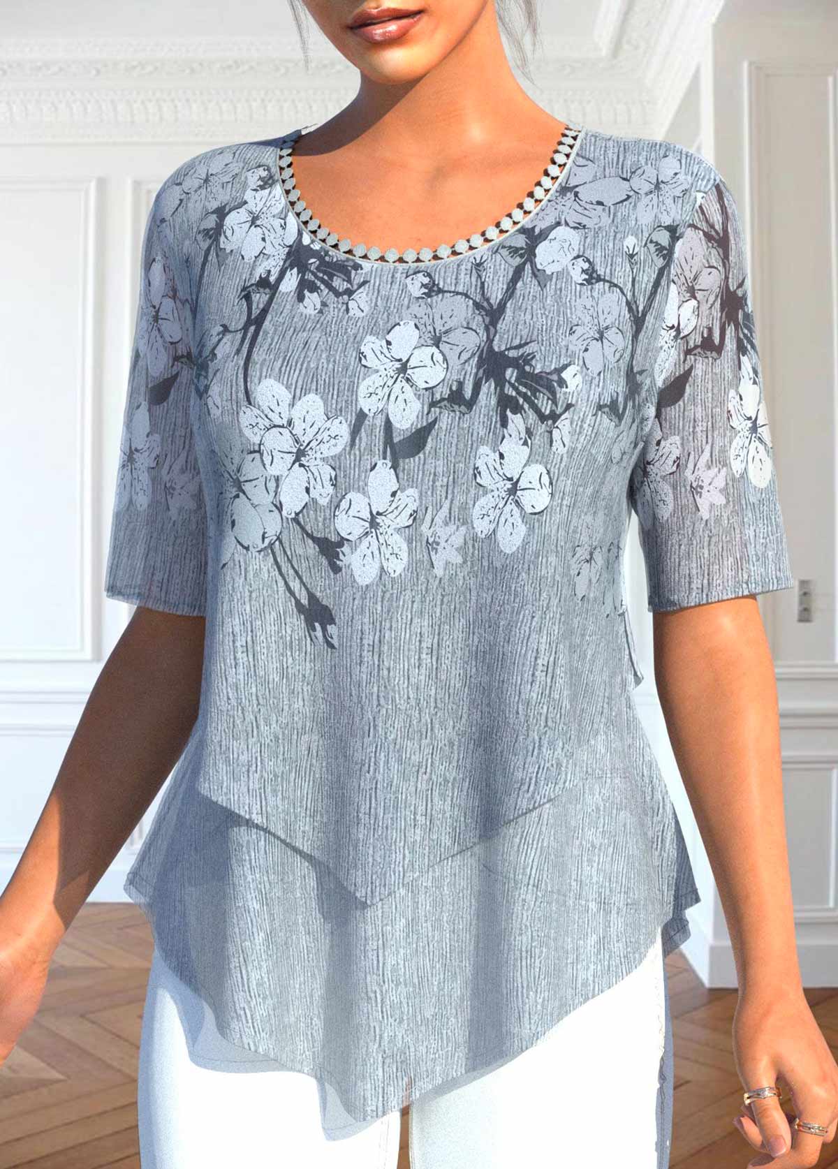 Grey plus size,Floral plus size,ROTITA Plus Size Layered Grey Floral Print Blouse