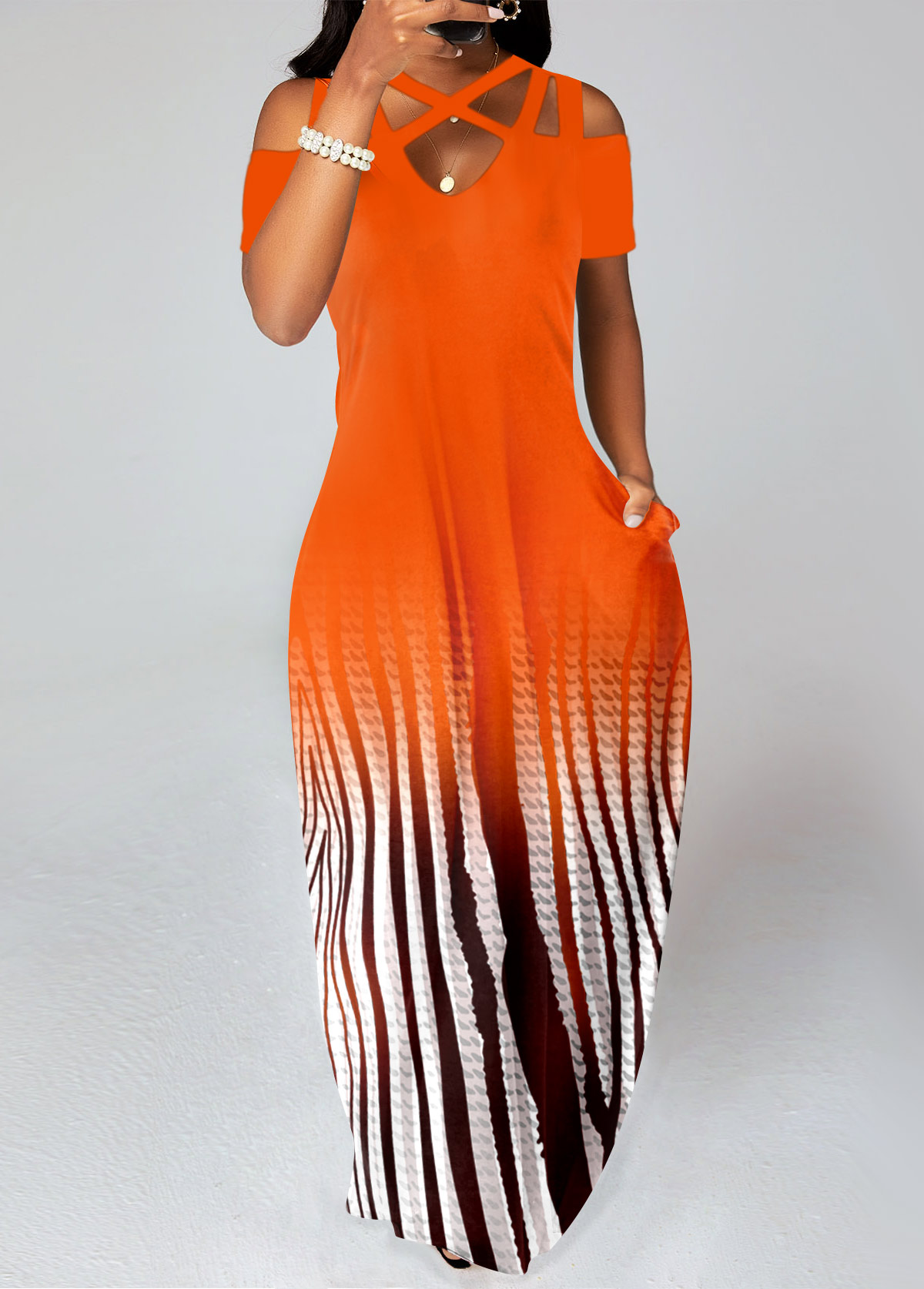 ROTITA Plus Size Criss Cross Orange Ombre Maxi Dress