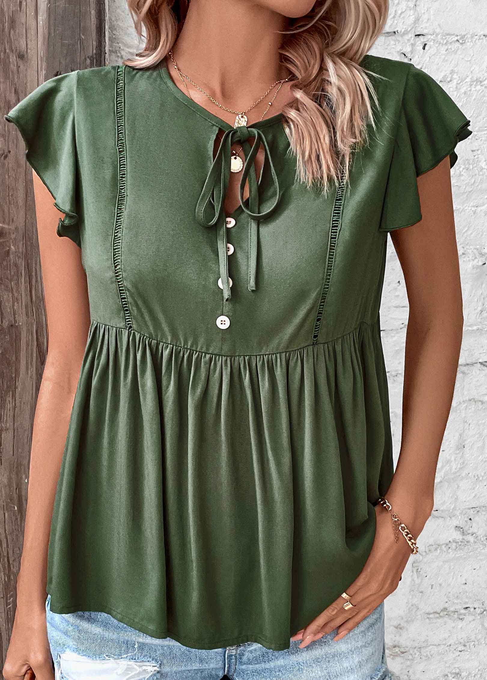 Blackish Green tops,Plain Color tops,Ruched Blackish Green V Neck T Shirt