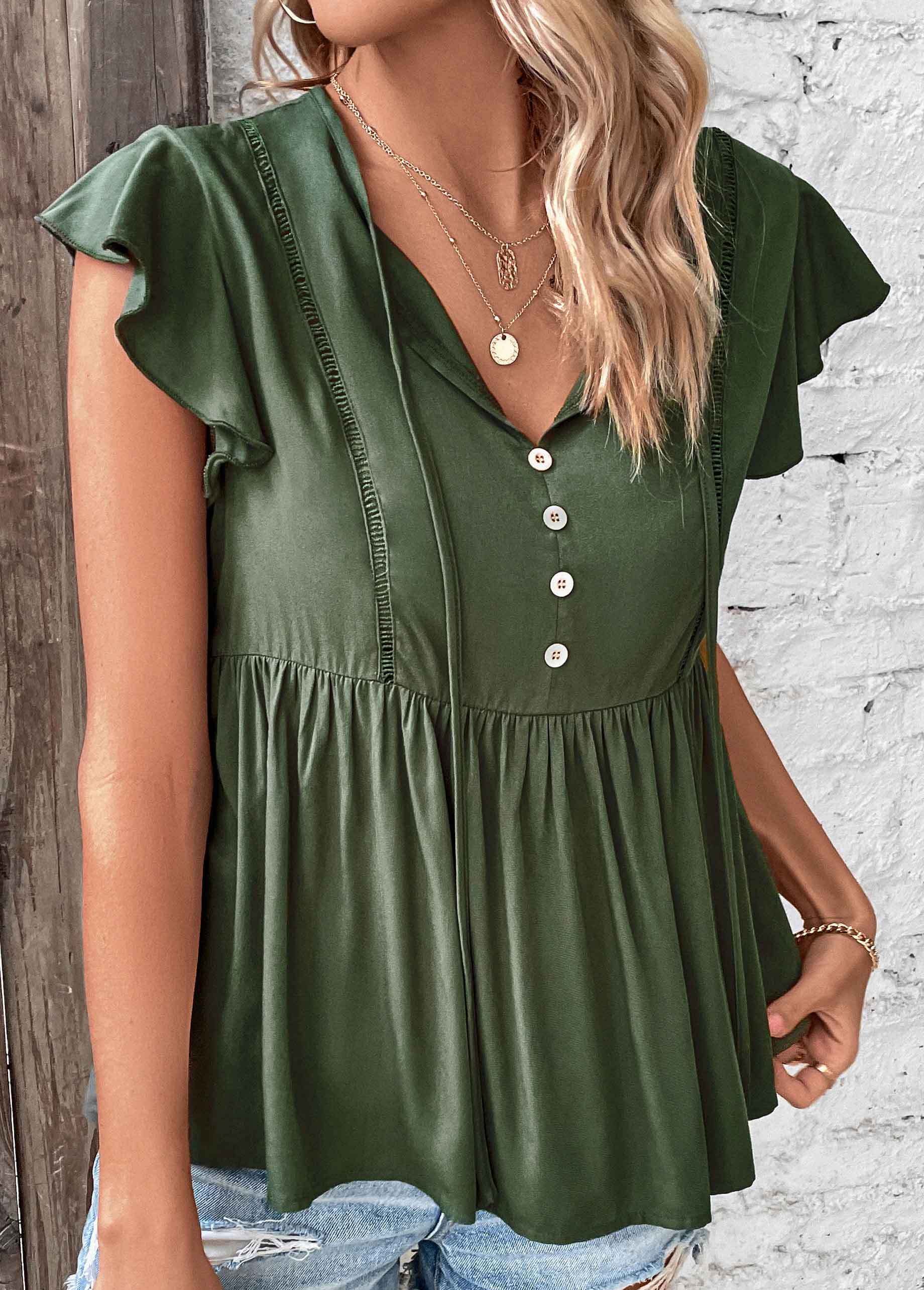 Blackish Green tops,Plain Color tops,Ruched Blackish Green V Neck T Shirt