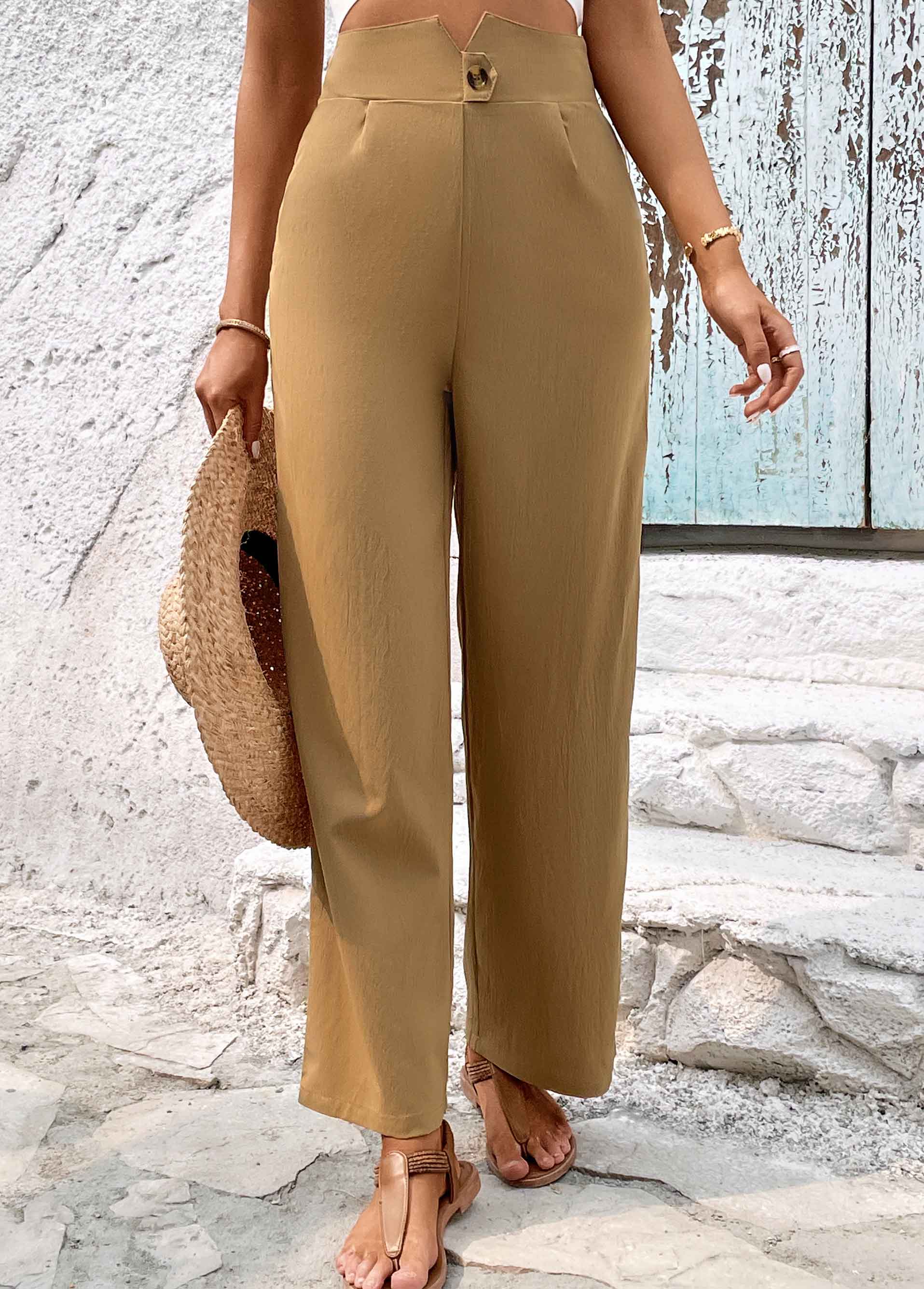 Light Camel bottoms,Plain Color bottoms,Button Light Camel High Waisted Pants