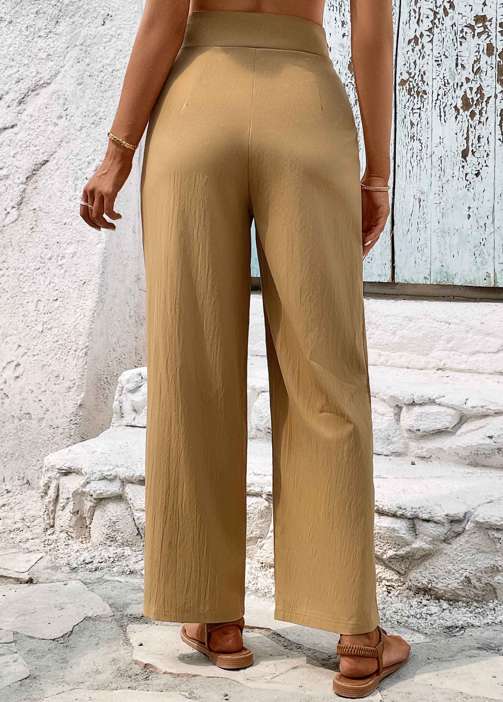 Light Camel bottoms,Plain Color bottoms,Button Light Camel High Waisted Pants