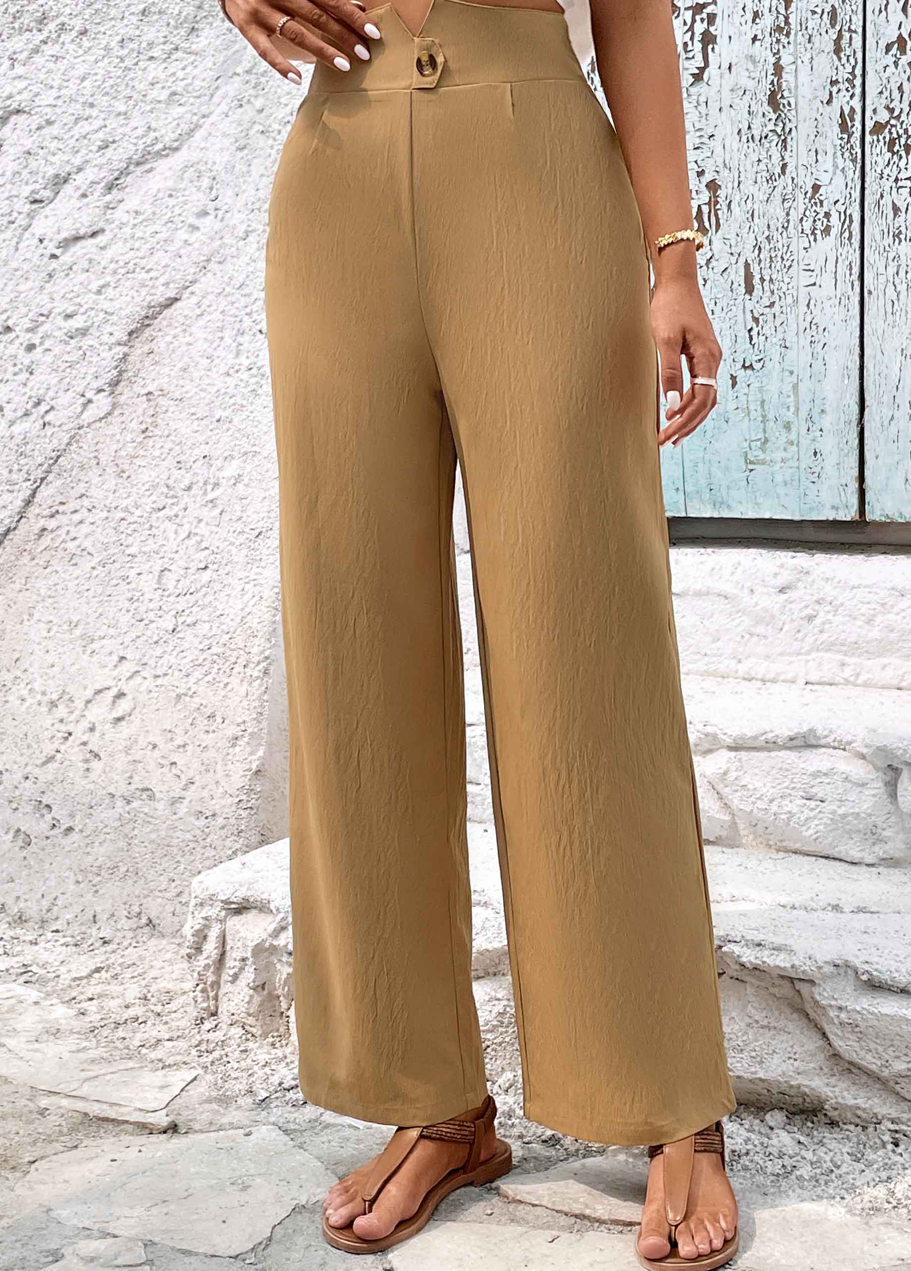 Light Camel bottoms,Plain Color bottoms,Button Light Camel High Waisted Pants