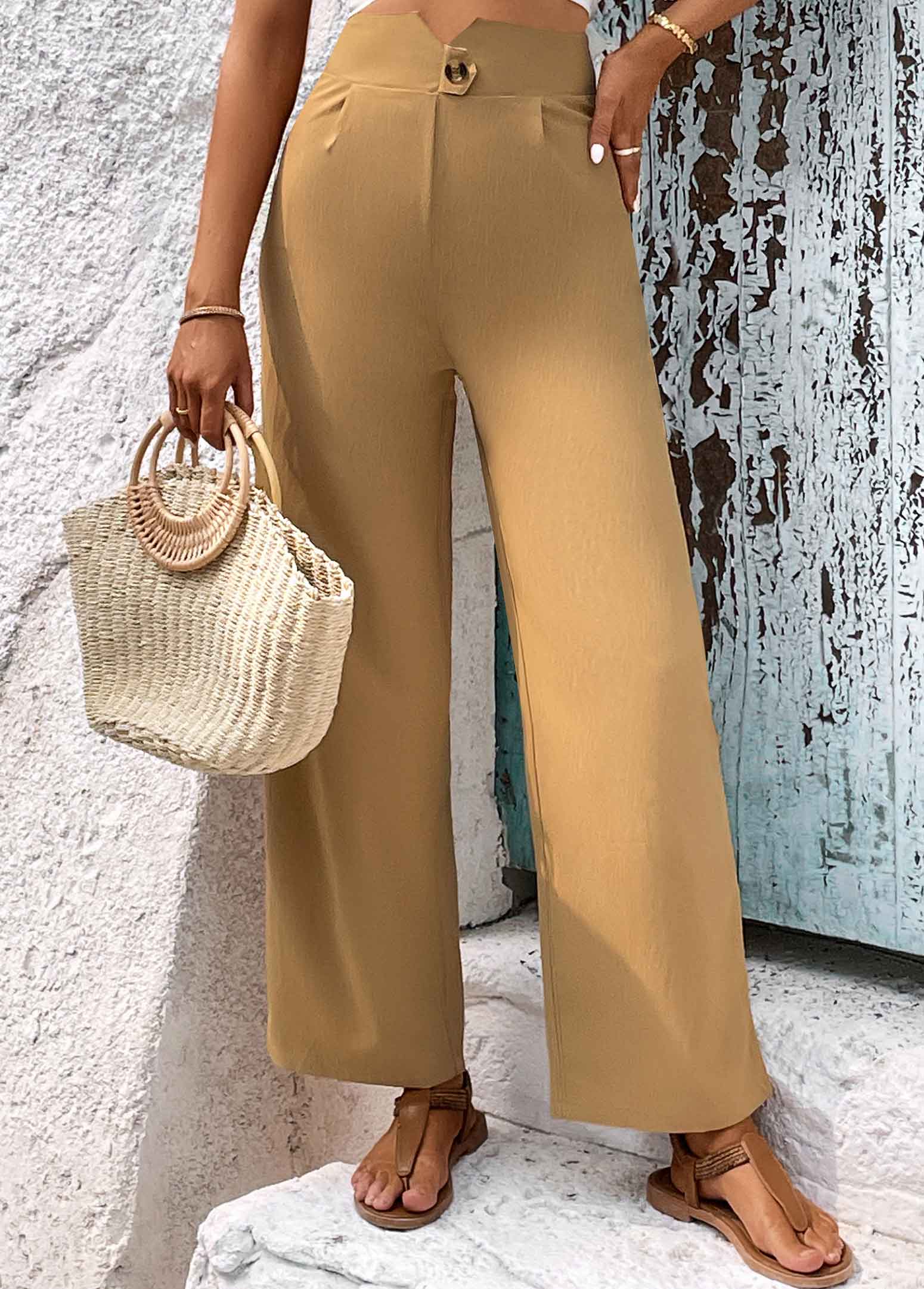 Light Camel bottoms,Plain Color bottoms,Button Light Camel High Waisted Pants