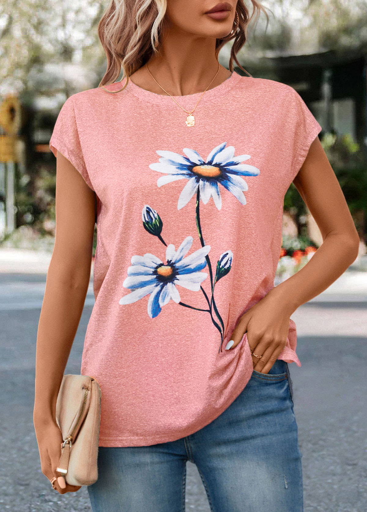 T-shirt rose à col rond et imprimé floral