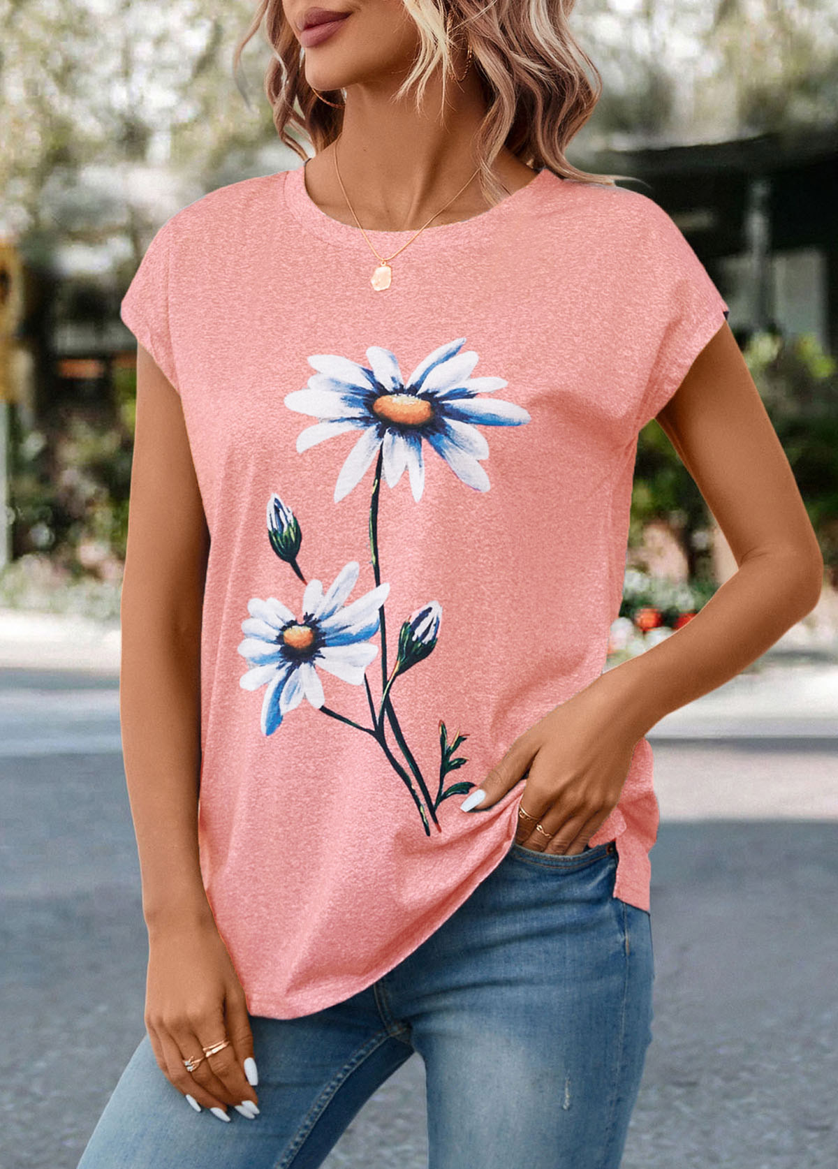Pink tops,Floral tops,Plants tops,Floral Print Pink Round Neck T Shirt