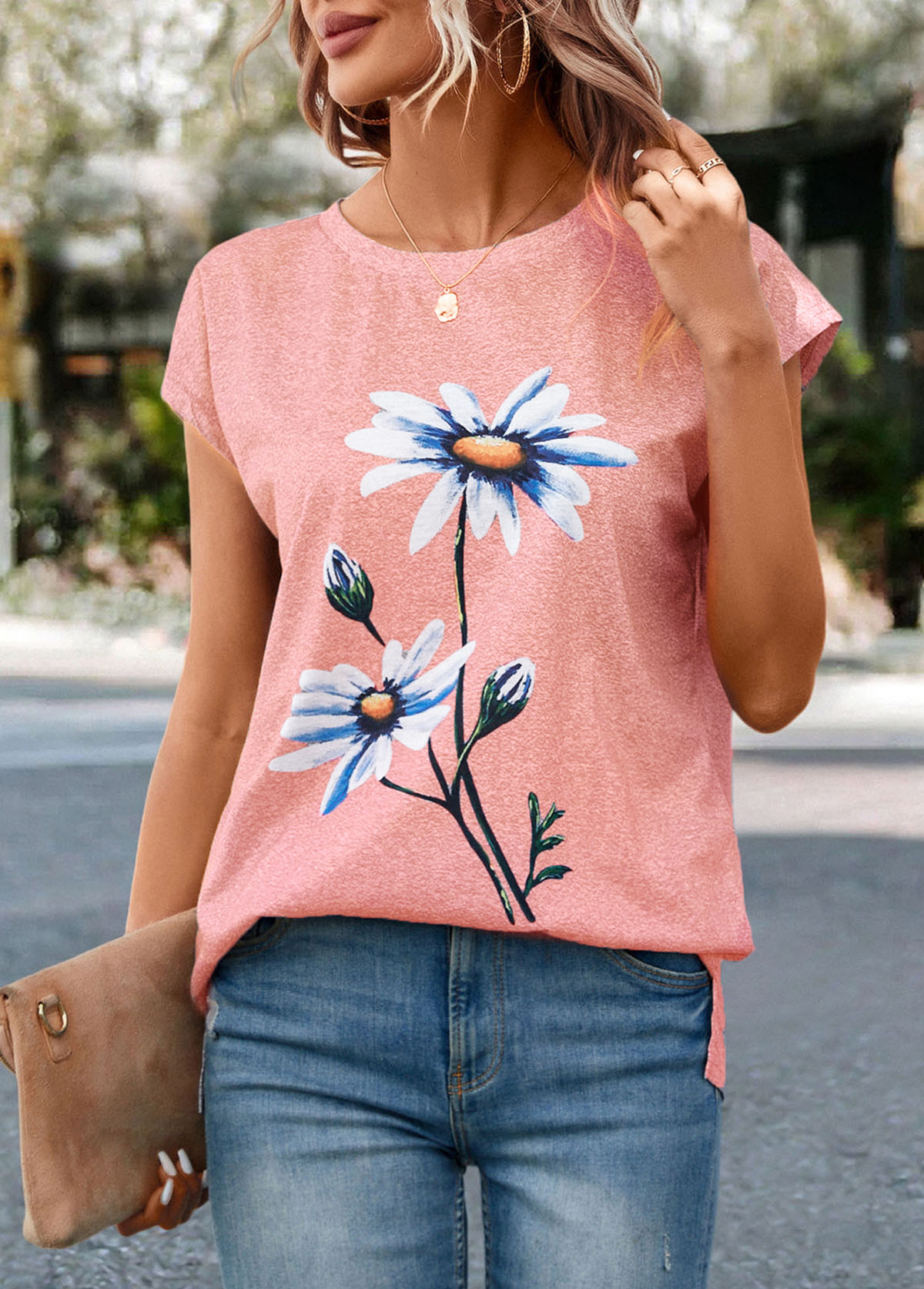 Pink tops,Floral tops,Plants tops,Floral Print Pink Round Neck T Shirt