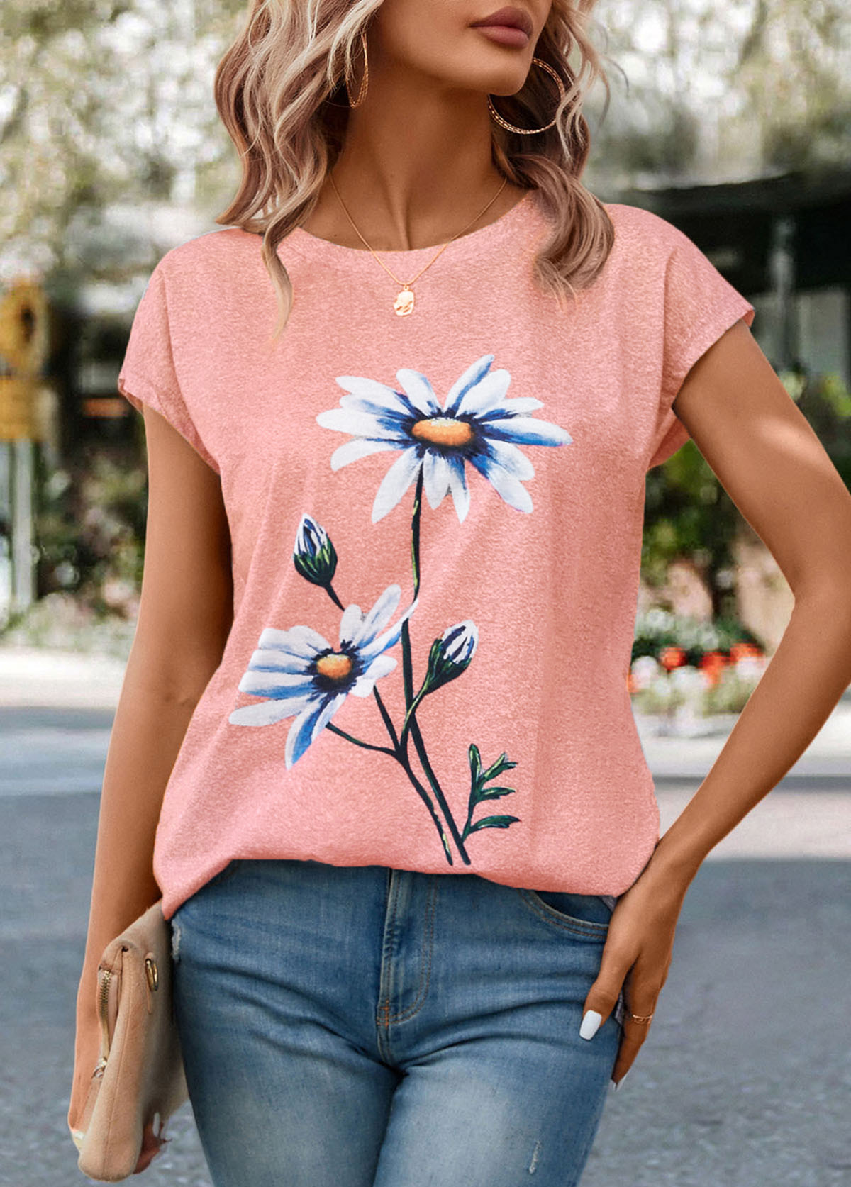 Pink tops,Floral tops,Plants tops,Floral Print Pink Round Neck T Shirt