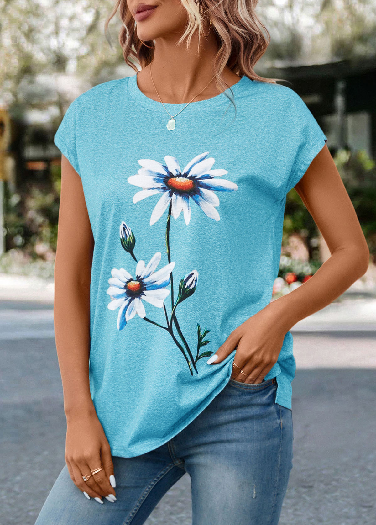 Sky Blue tops,Floral tops,Plants tops,Floral Print Sky Blue Round Neck T Shirt