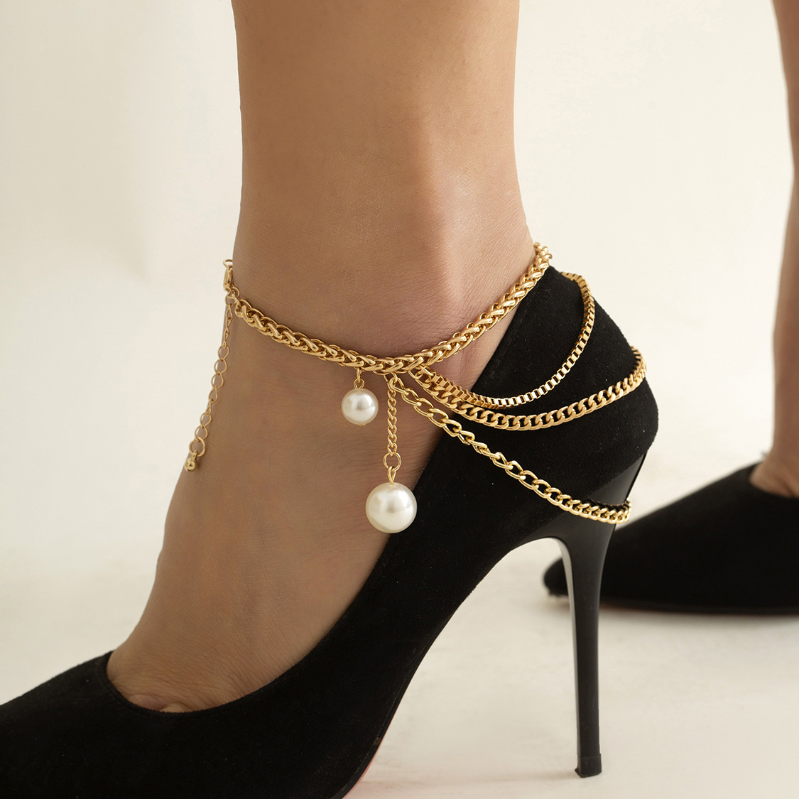 Chain Layered Design Pearl Gold Anklet