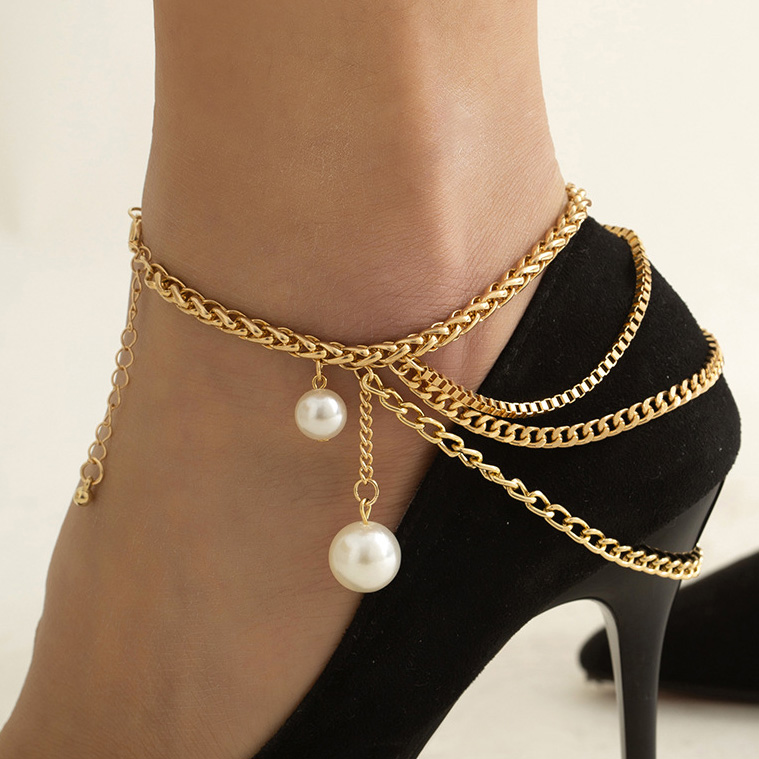 Gold jewelry,Other jewelry,Chain Layered Design Pearl Gold Anklet