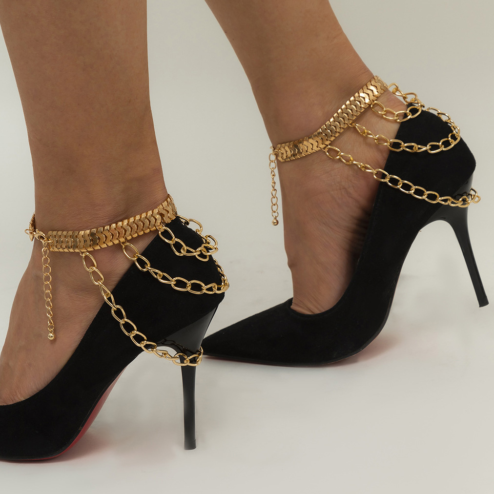Gold jewelry,Other jewelry,Layered Design Chain Detail Gold Anklet