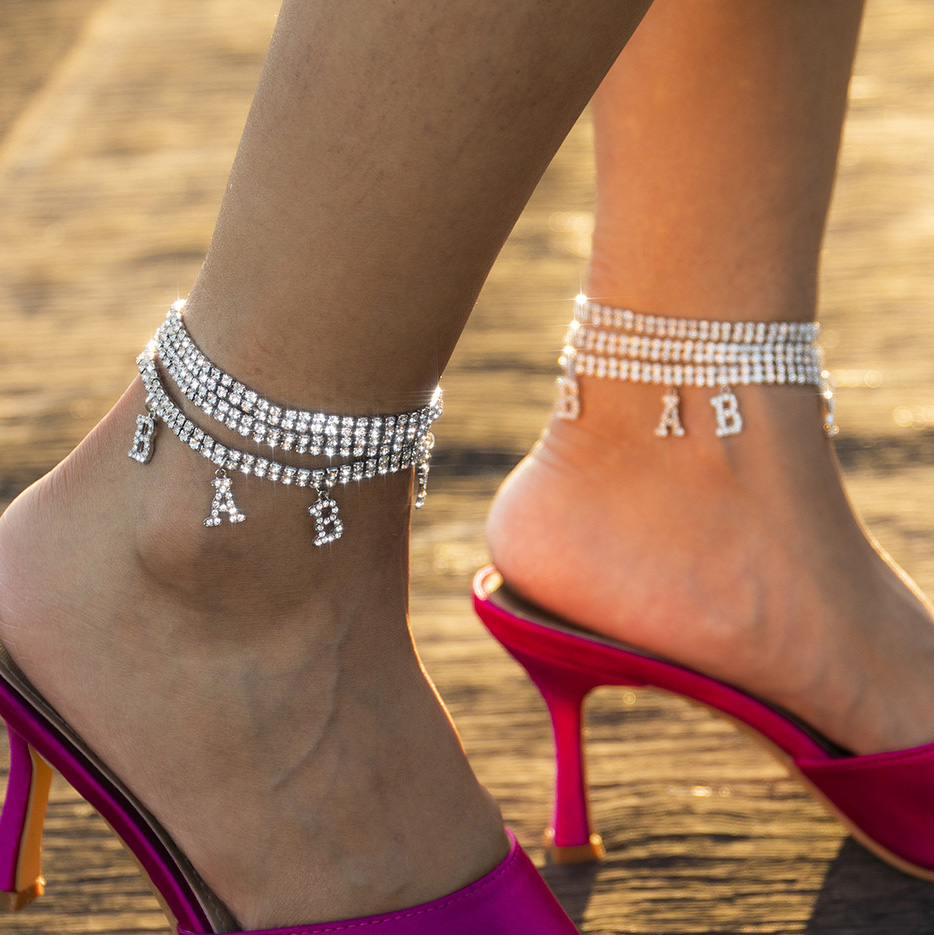 Silvery White jewelry,Other jewelry,Layered Letter Rhinestone Silvery White Anklet