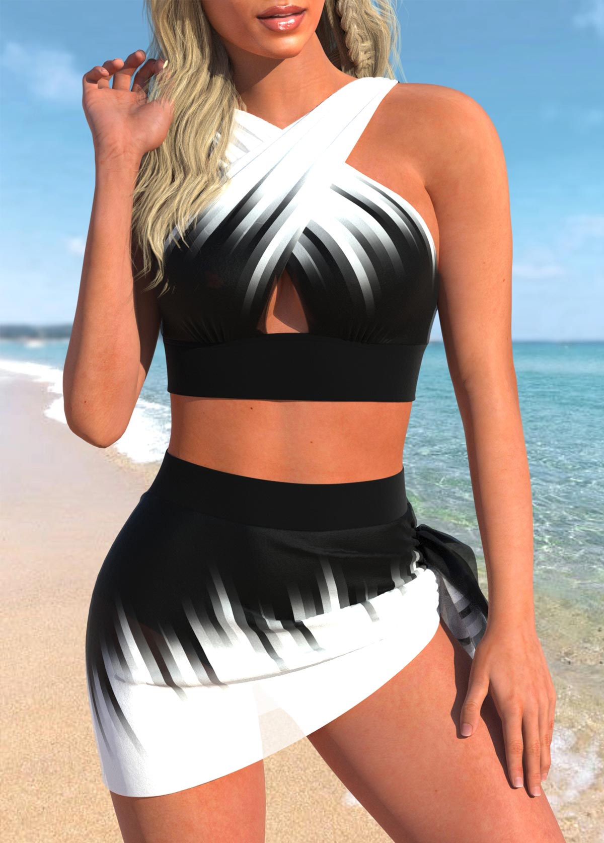 Black swimwear,White swimwear,Ombre swimwear,ROTITA Criss Cross Black Ombre High Waisted Bikini Set