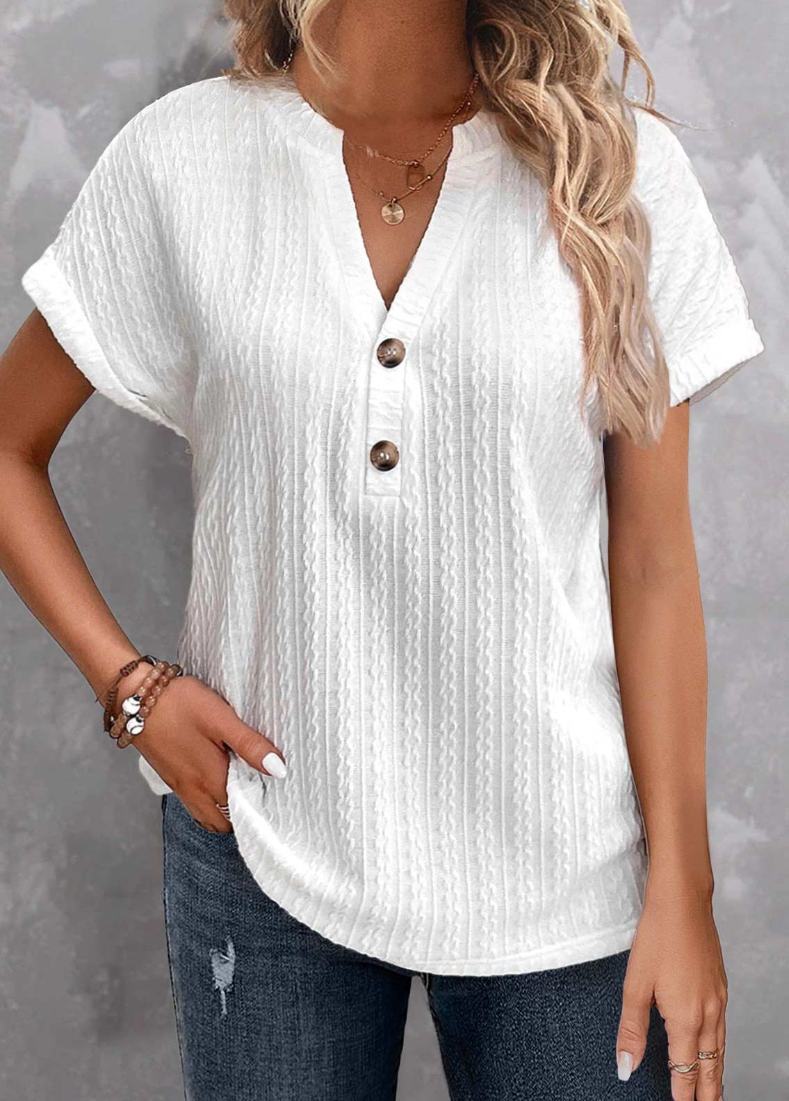 White tops,Plain Color tops,ROTITA Button White Split Neck Short Sleeve T Shirt